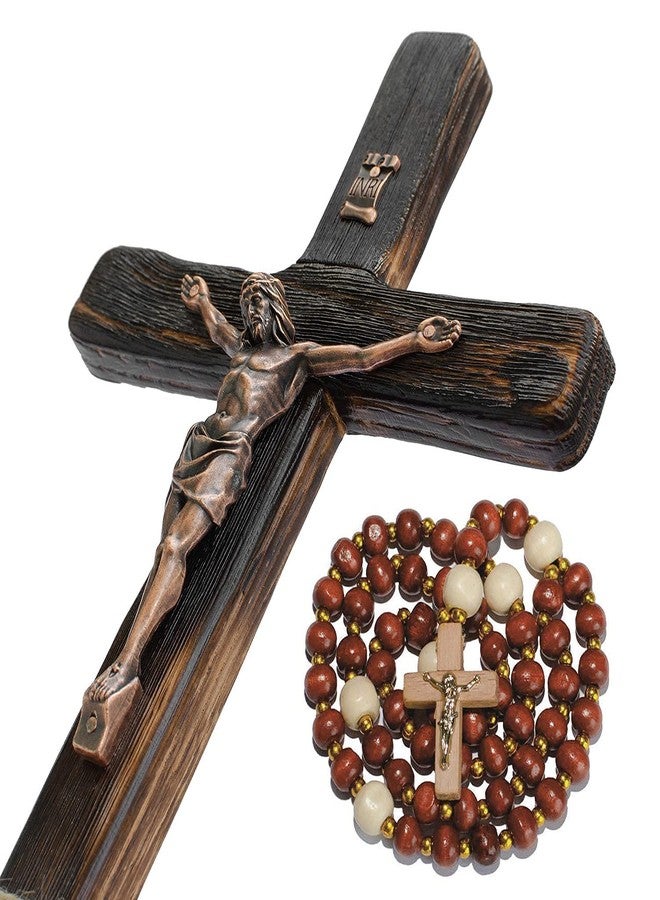 Asterom Rustic Crucifix Wall Cross - Handmade Wooden Catholic Crucifix Unique Charred Oak Technique - 12 Inch - Image 1